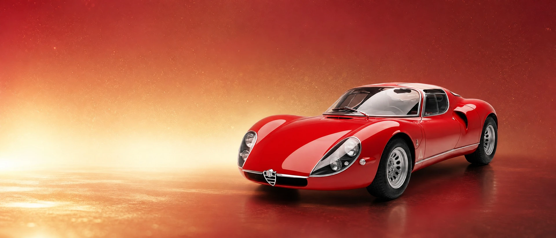 A red Alfa Romeo 33 Stradale (1967), front three-quarter view on a warm claret field with golden dust