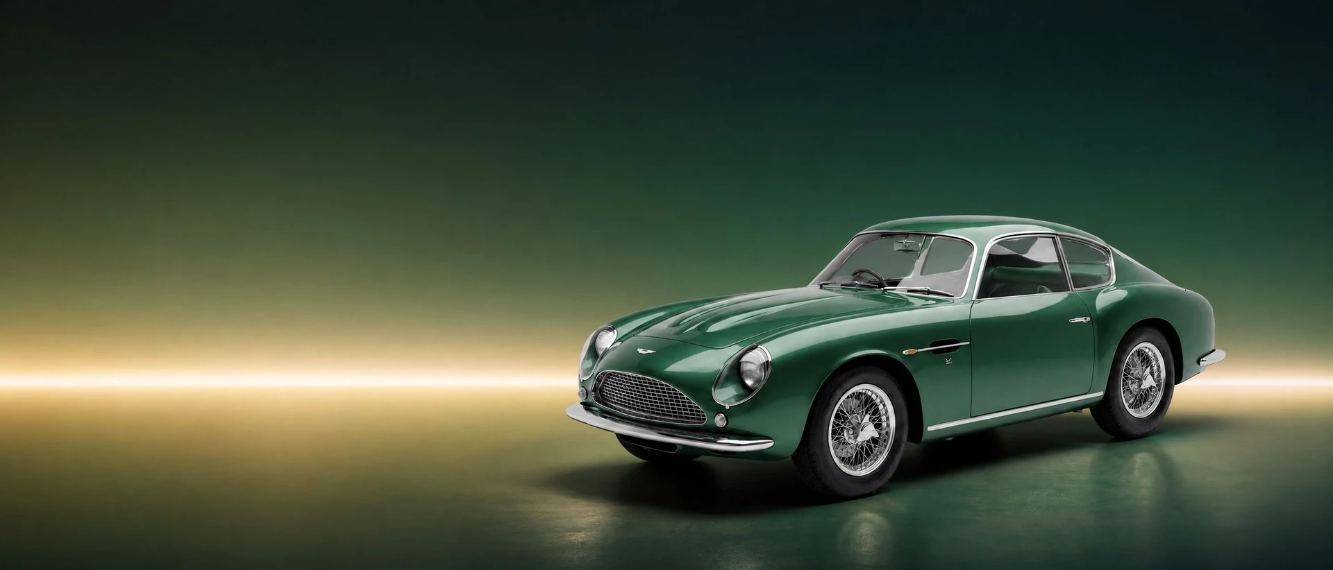 An Aston Martin DB4 GT Zagato, front three-quarter view on a honey-green field with a warm horizon line