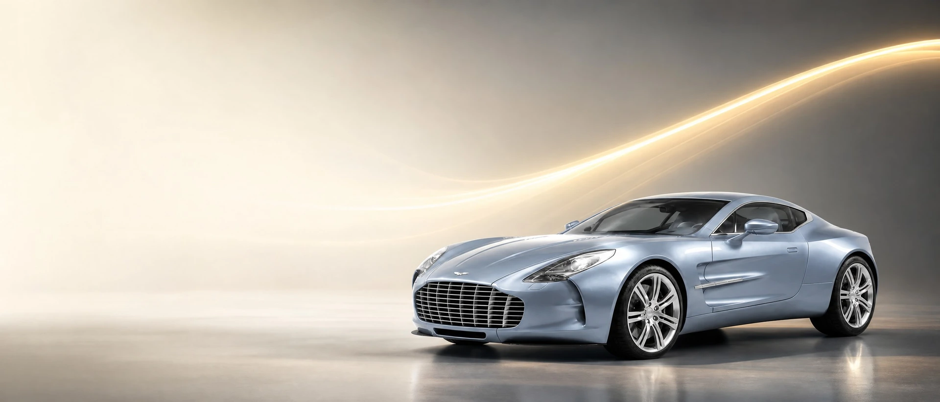An Aston Martin One-77, front three-quarter view on an ivory field with a golden ribbon