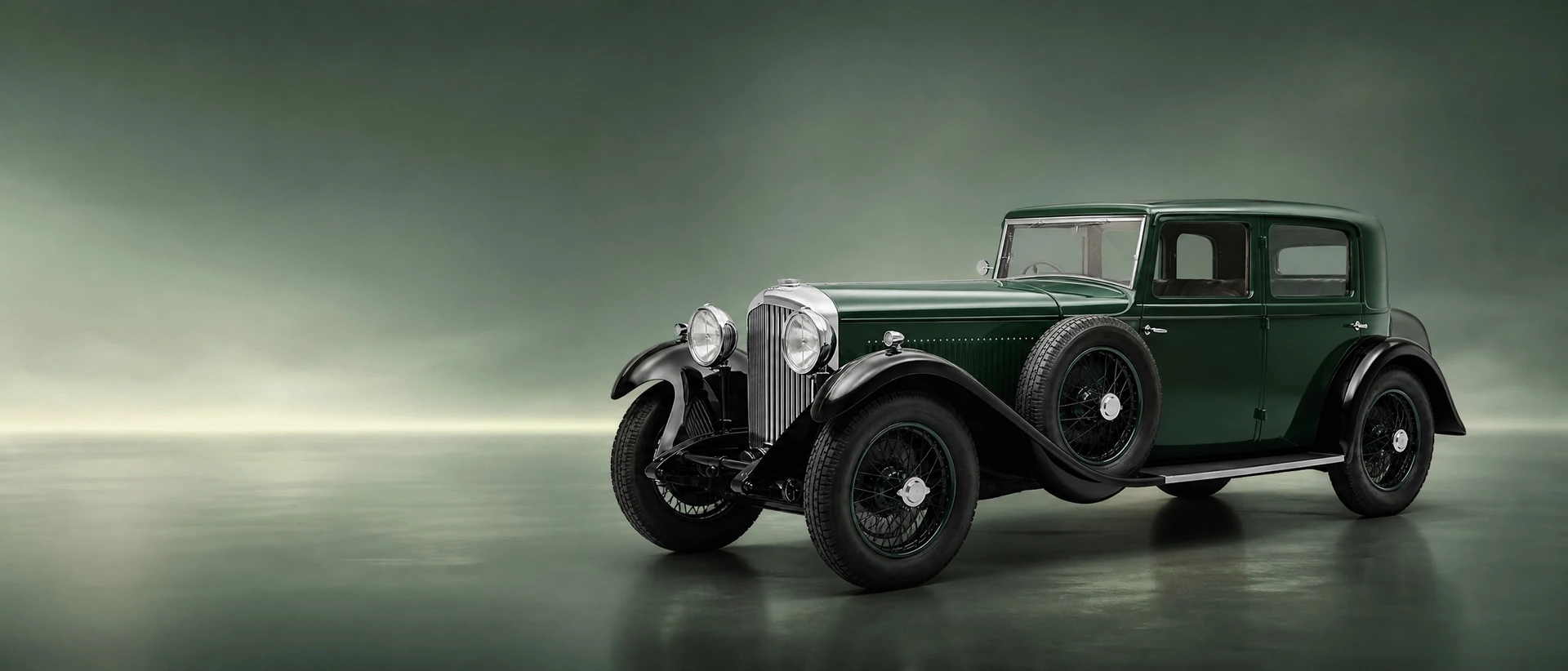 A dark grey-green Bentley 8 Litre, front three-quarter view on a pewter-green field with a luminous horizon