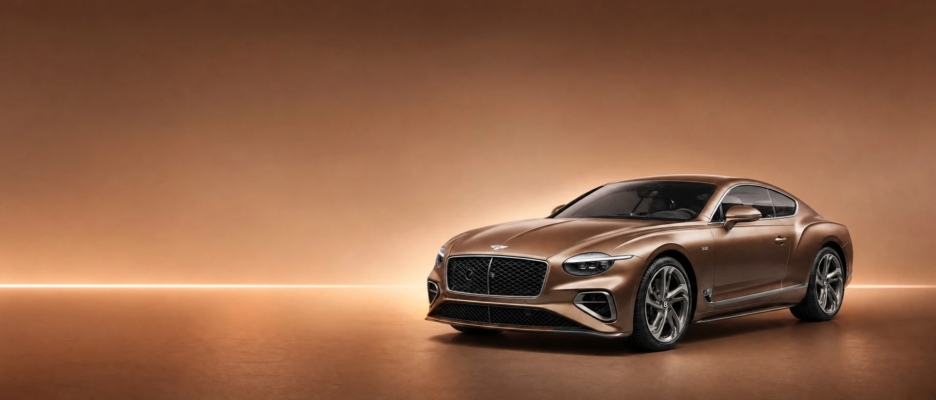 A bronze Bentley Mulliner Batur, front three-quarter view on a bronze-to-cream field with a copper line