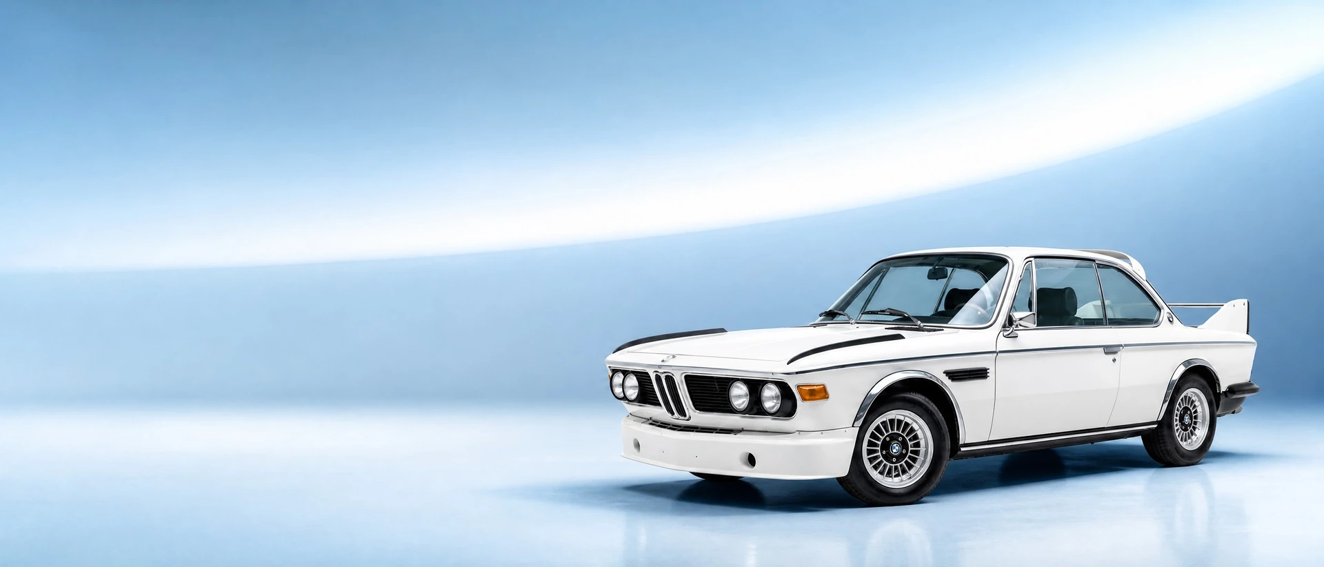 A BMW 3.0 CSL with its aerodynamic bodywork, front three-quarter view on a white-blue field with a curved light sweep