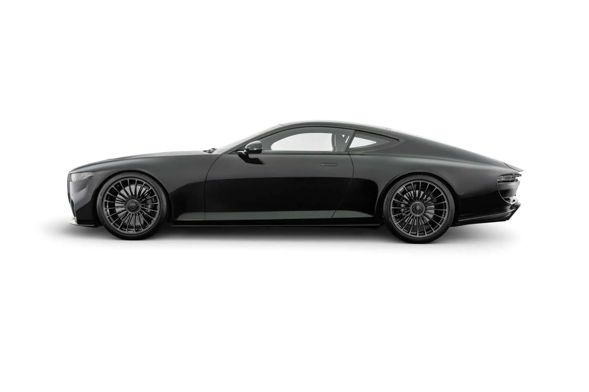 Brabus Bodo in satin black in side profile, long bonnet and fastback roofline