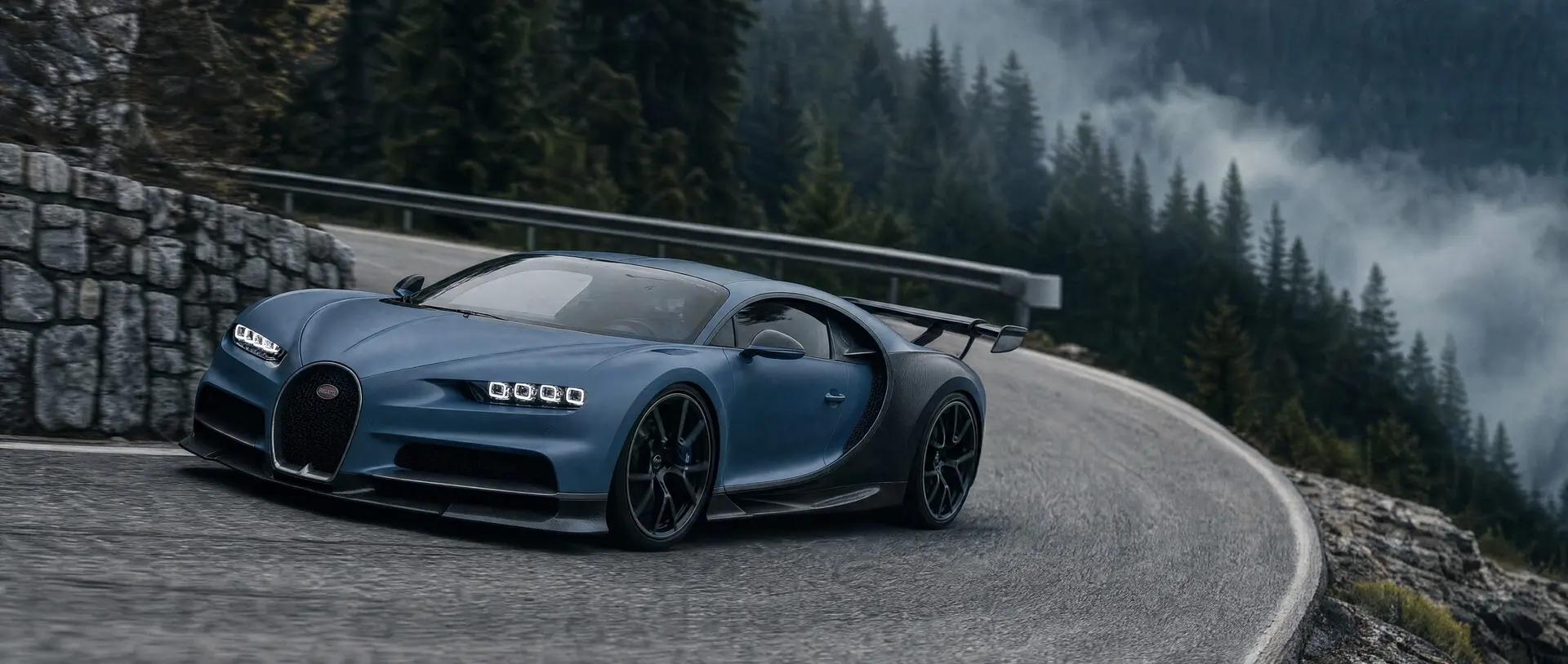 A blue Bugatti Chiron Pur Sport on a deep blue studio field.