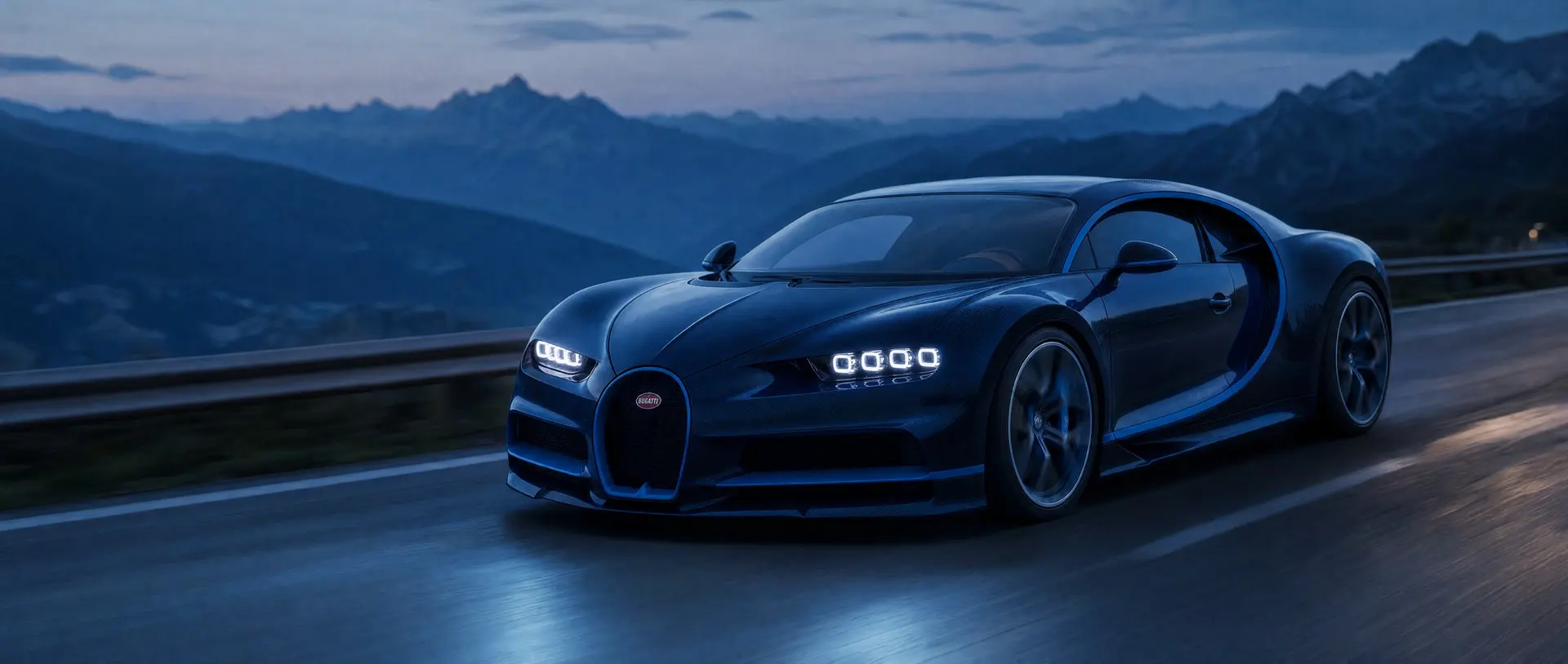 A blue Bugatti Chiron Sport on a deep blue studio field.