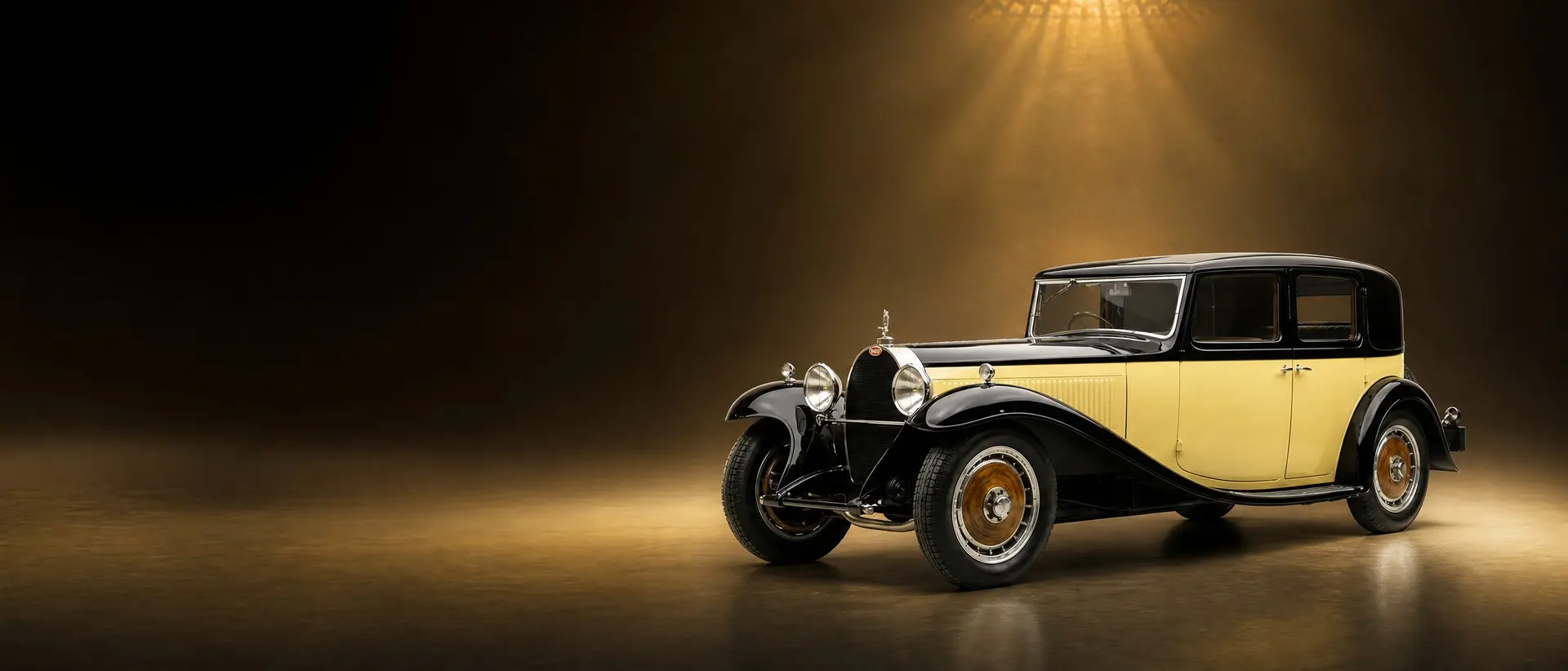 Bugatti Type 41 Royale staged in a darkened scene