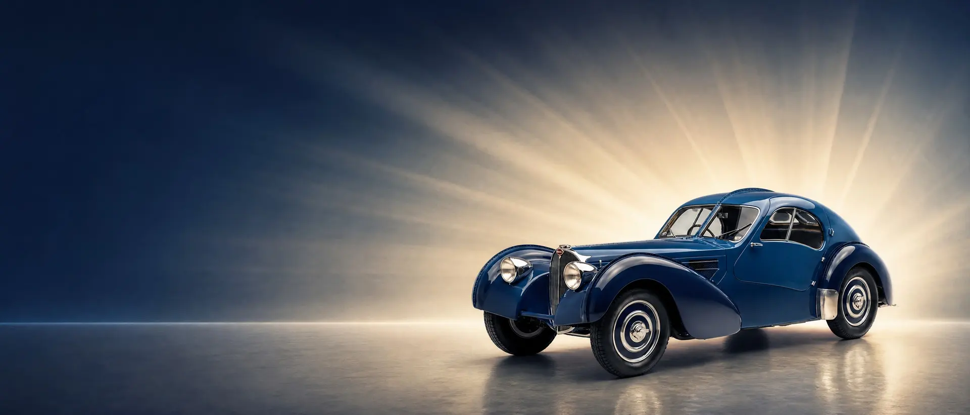 Bugatti Type 57 SC Atalante staged in a darkened scene