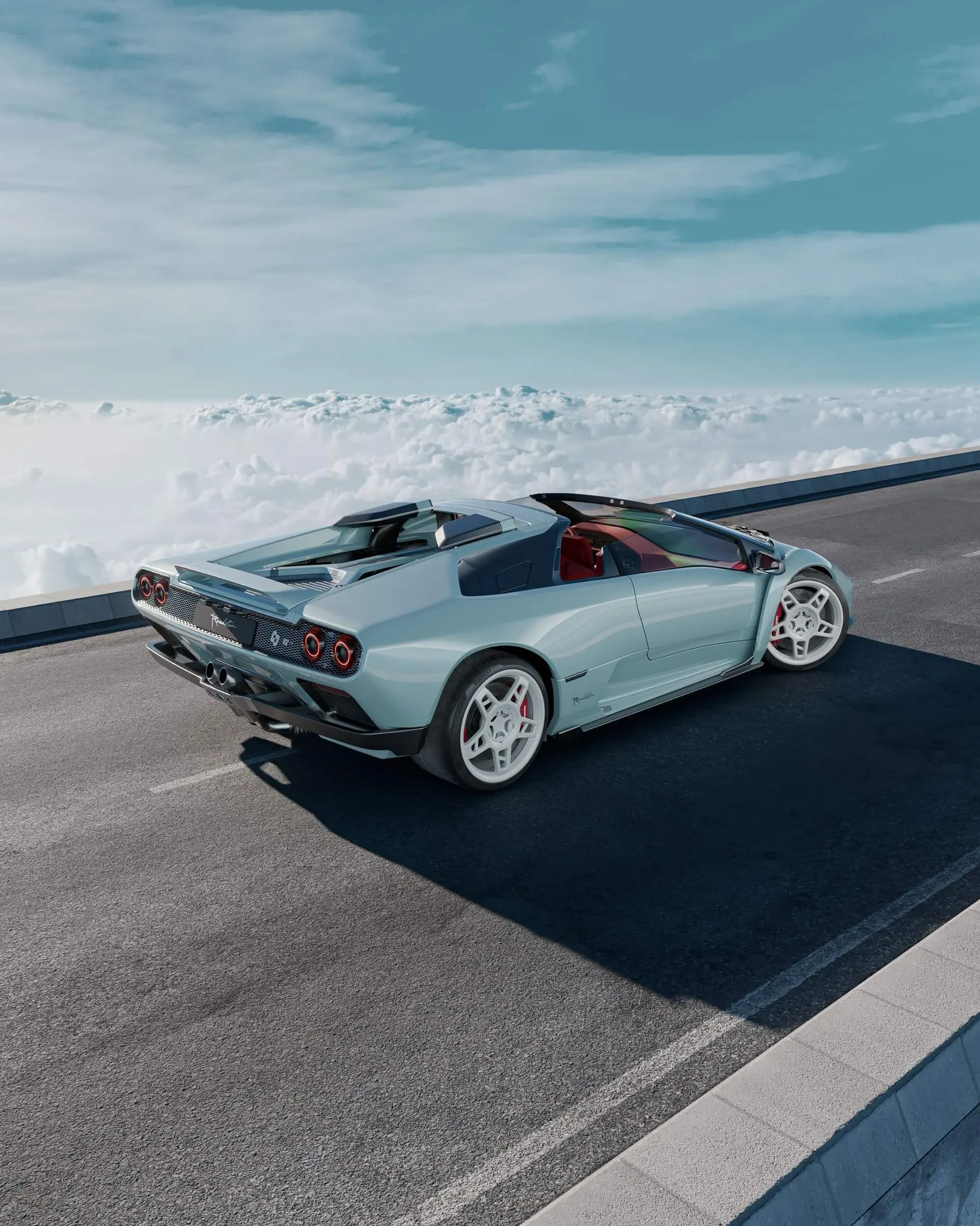 Eccentrica V12 Roadster seen from behind, twin roll hoops and intake pods over the open cockpit