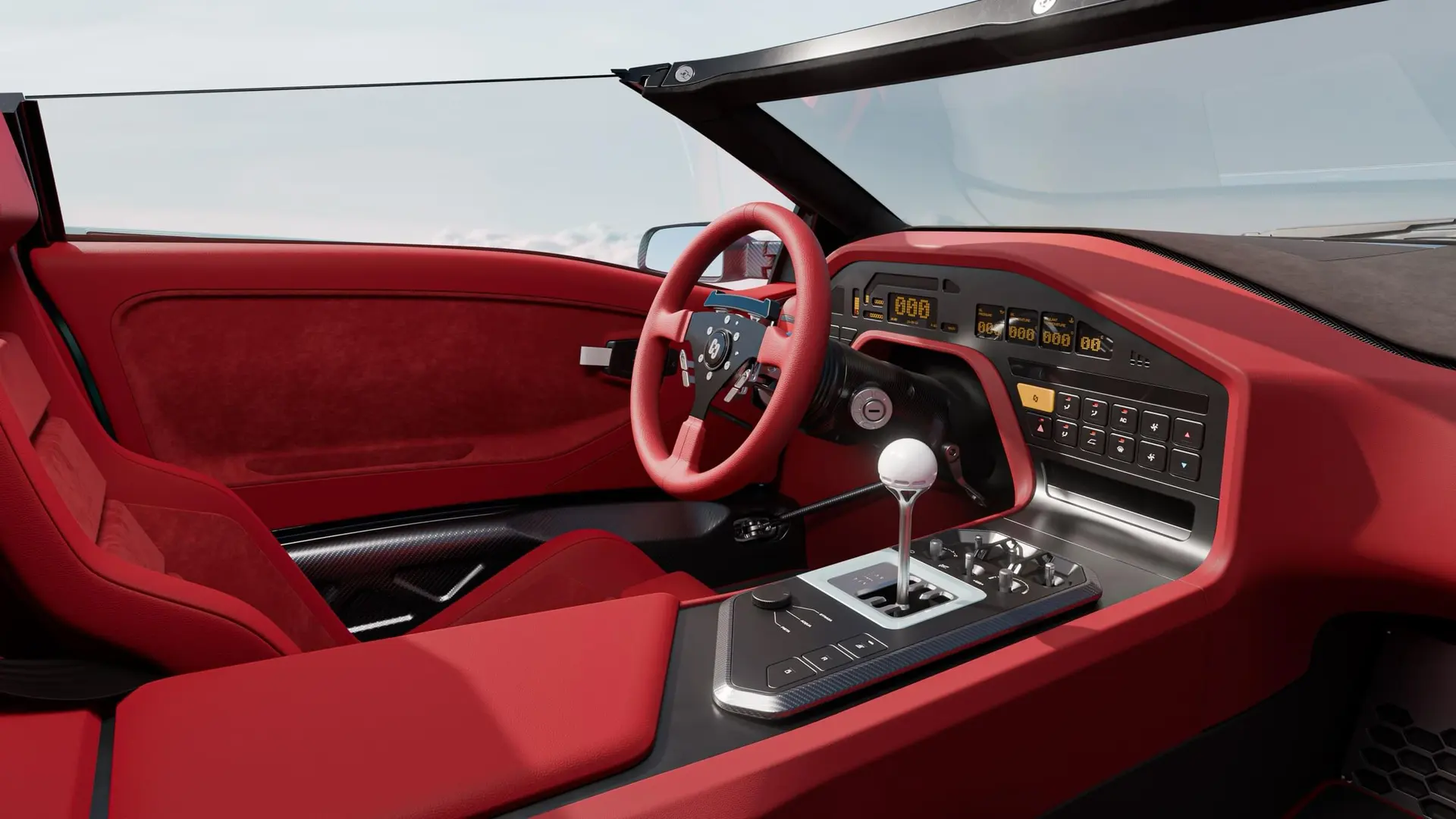 Eccentrica V12 Roadster cockpit with red leather, carbon console and gated manual shifter