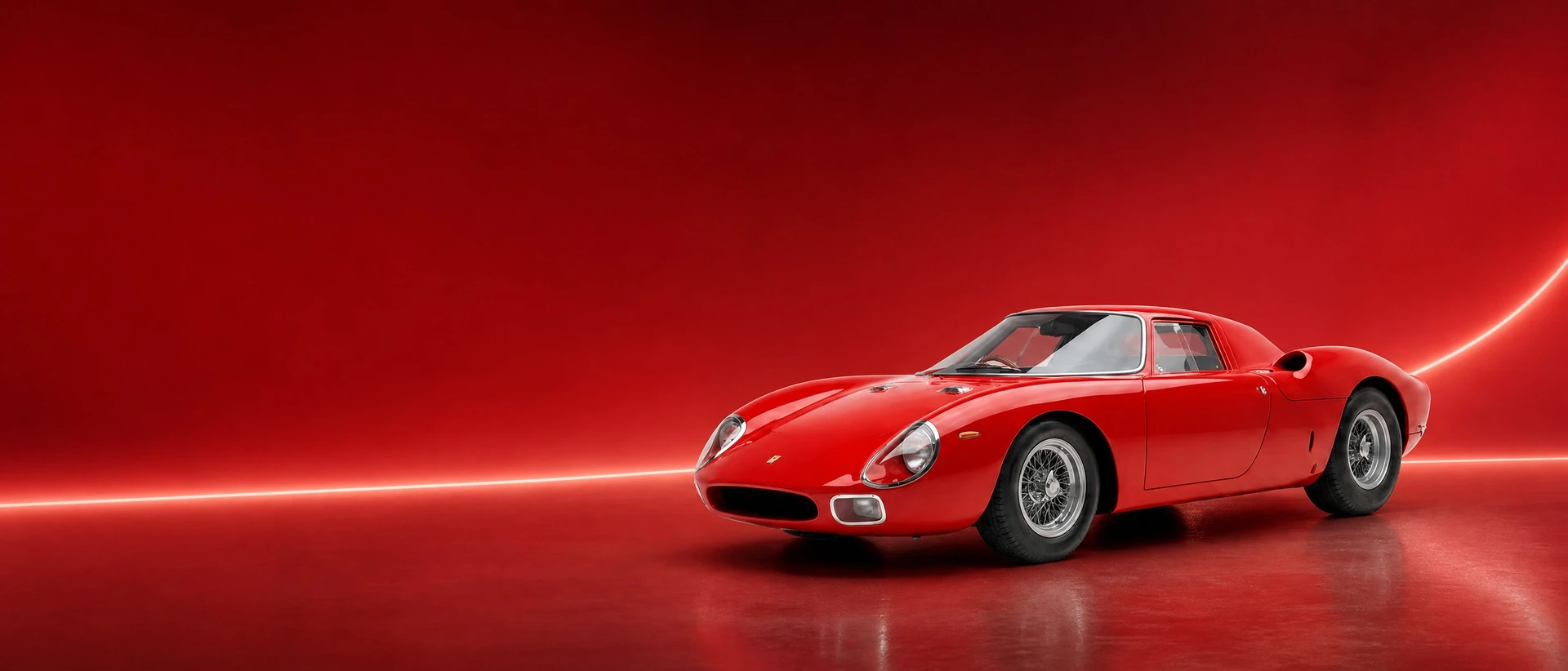A red Ferrari 250 LM, front three-quarter view on a red field with a curved light sweep