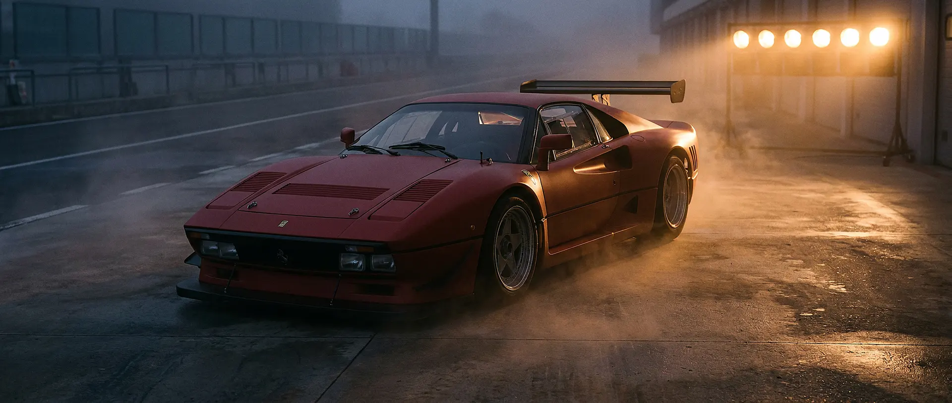 Ferrari GTO Evoluzione chassis 79888, front three-quarter view at a marina