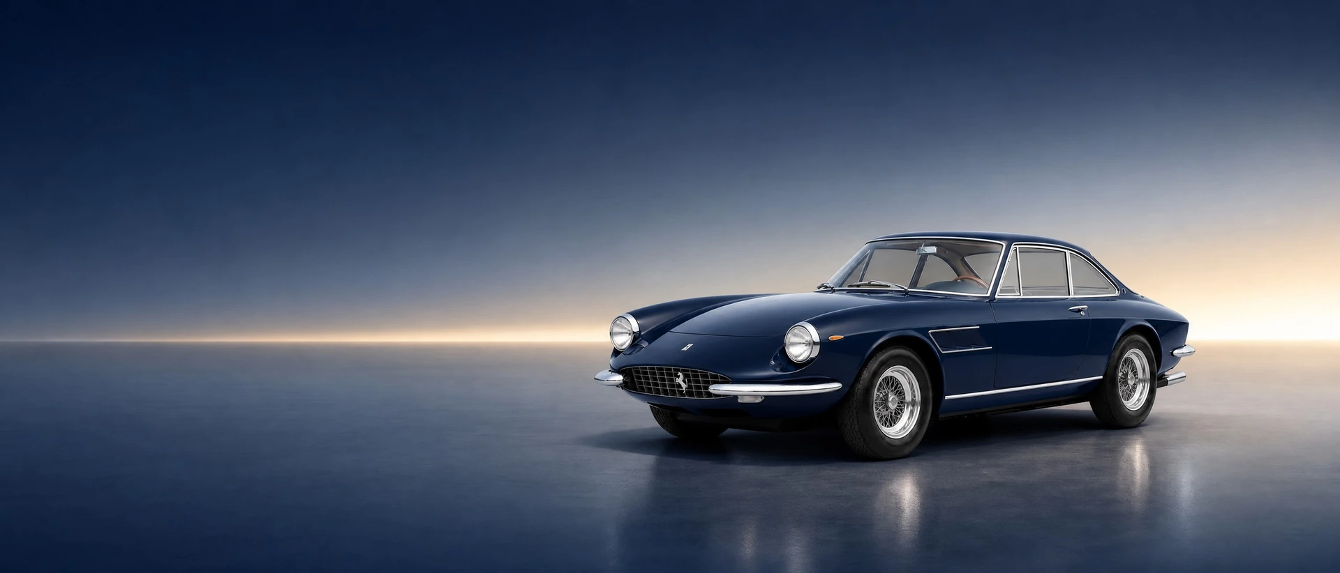 A dark blue Ferrari 330 GTC grand tourer, front three-quarter view on a navy-silver field with a warm light band