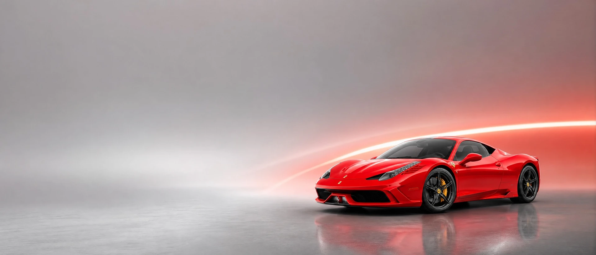 A red Ferrari 458 Speciale, front three-quarter view on a bright field with a tach-arc of light