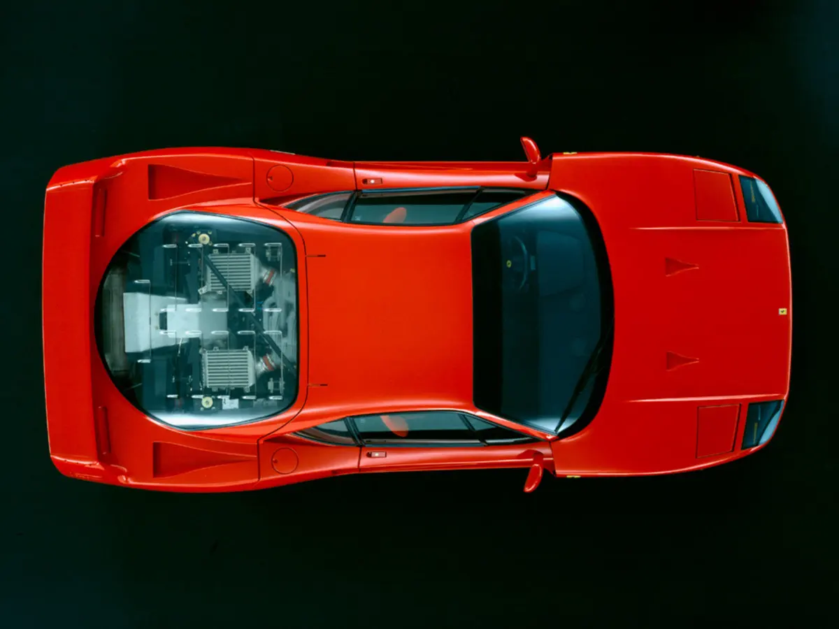Overhead view of the F40 with its V8 under the glass engine cover