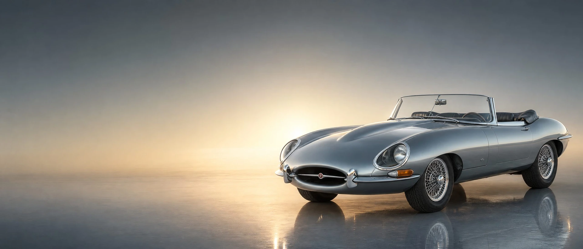 An Opalescent Silver Blue Jaguar E-Type Series 1 roadster, front three-quarter view on a silver-blue field with a warm daylight glow