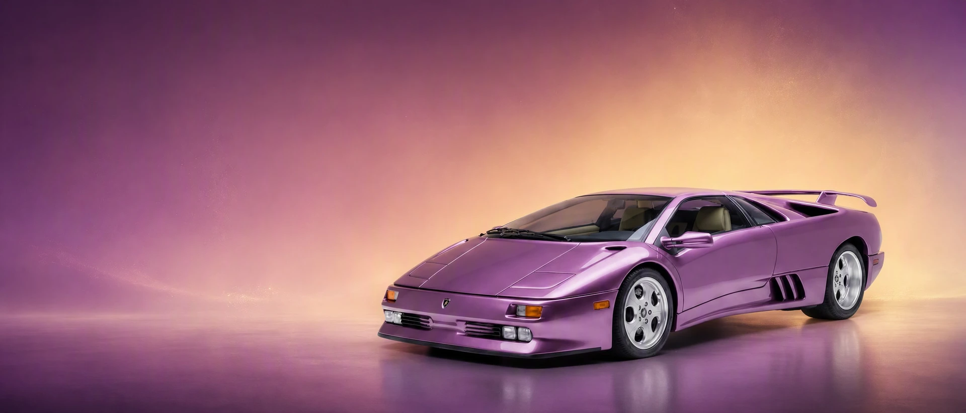 A violet Lamborghini Diablo, front three-quarter view on a violet-gold gradient field