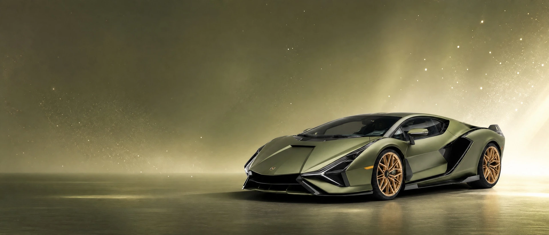 An olive-green Lamborghini Sian FKP 37, front three-quarter view on an olive-gold field with sparkling points of light