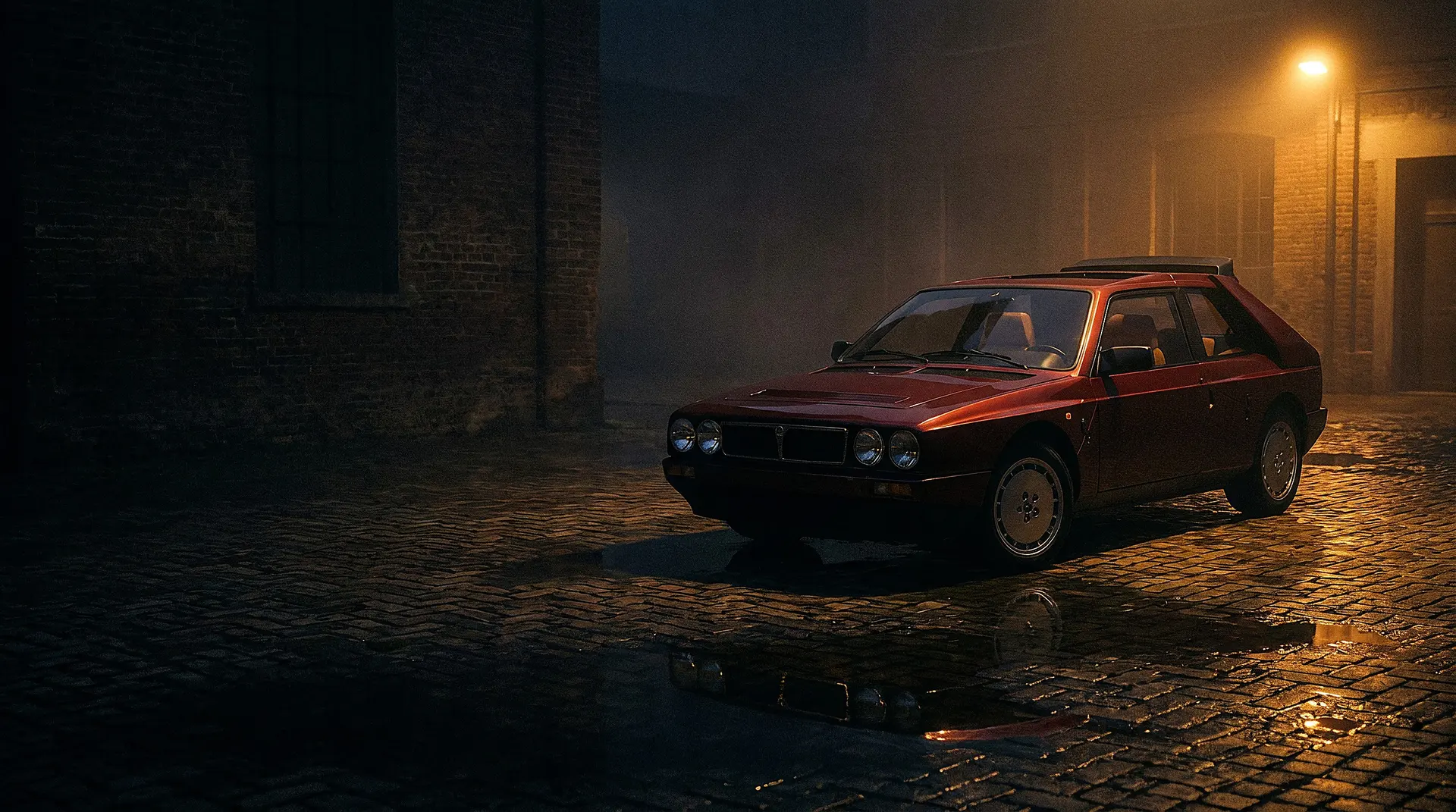 Lancia Delta S4 Stradale in dark metallic red, three-quarter front view on a reflective red studio floor
