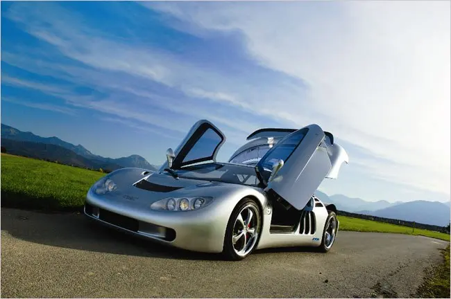 The Sirius with both scissor doors open in the Bavarian foothills, factory archive photograph