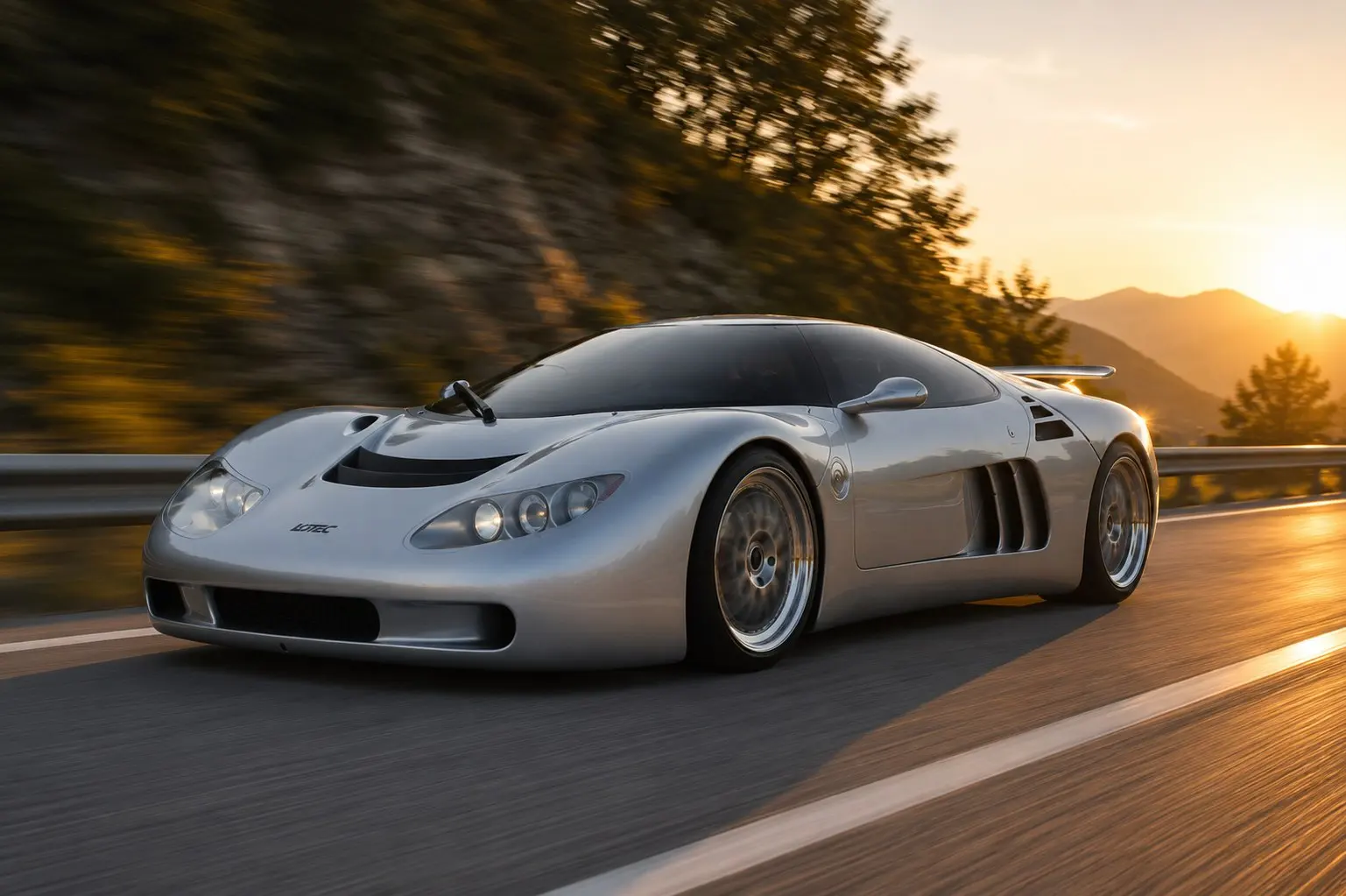 Lotec Sirius in silver on a mountain road at sunset, official Lotec Legacy imagery