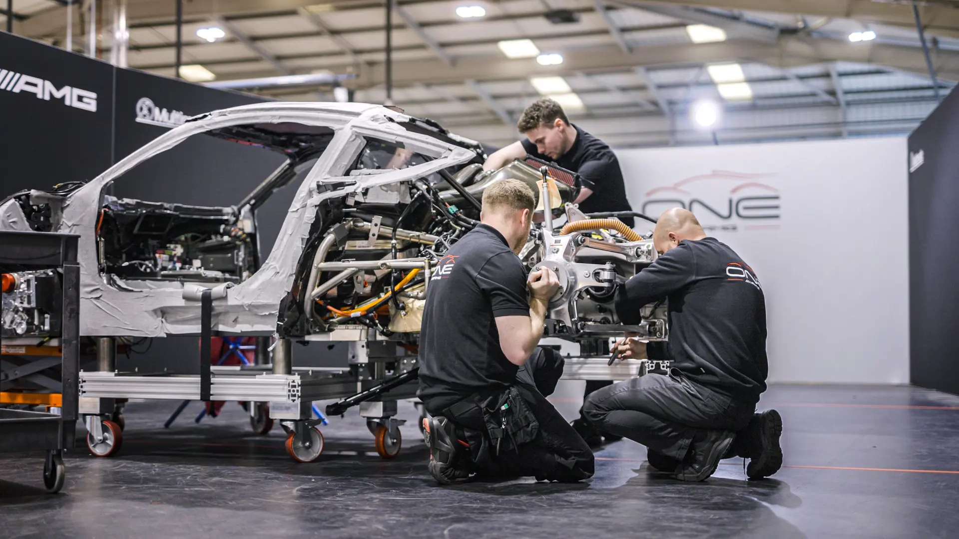 Technicians assembling a Mercedes-AMG ONE at the dedicated Coventry facility