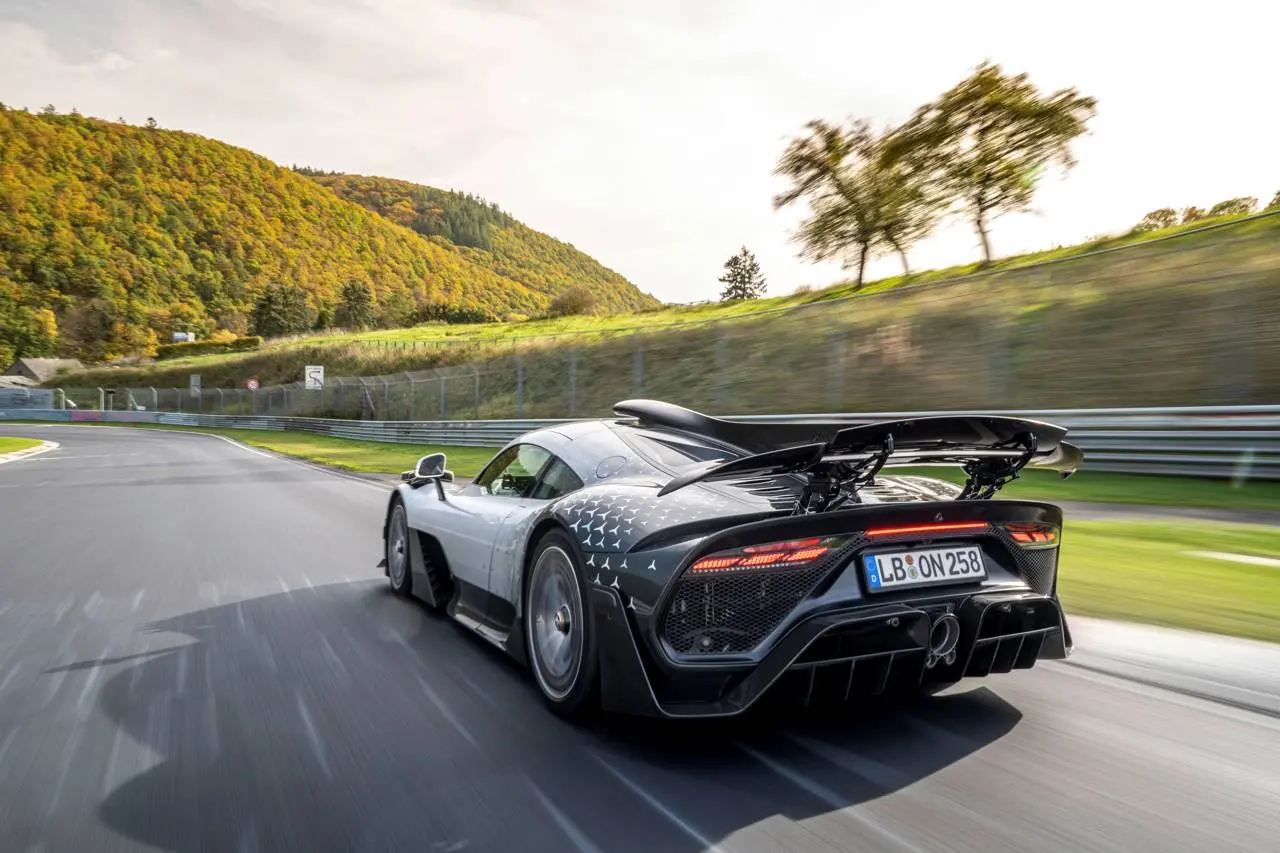 Mercedes-AMG ONE during its 2022 Nordschleife record run, rear three-quarter view