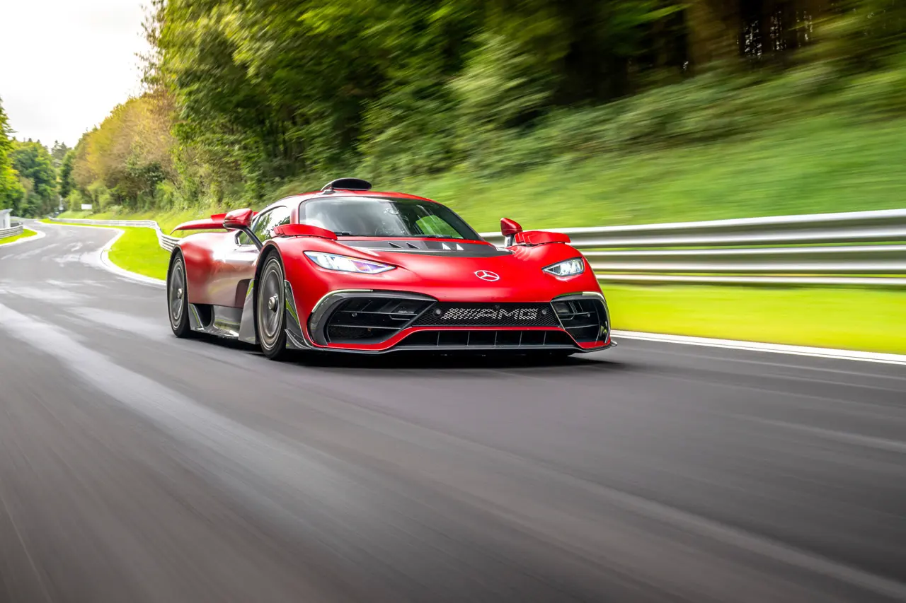 Red Mercedes-AMG ONE during its 2024 Nordschleife record run