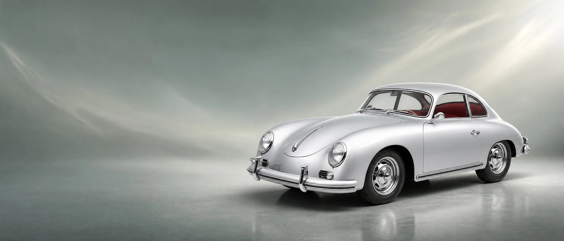 A Porsche 356, front three-quarter view on a green-grey field with lifting mist