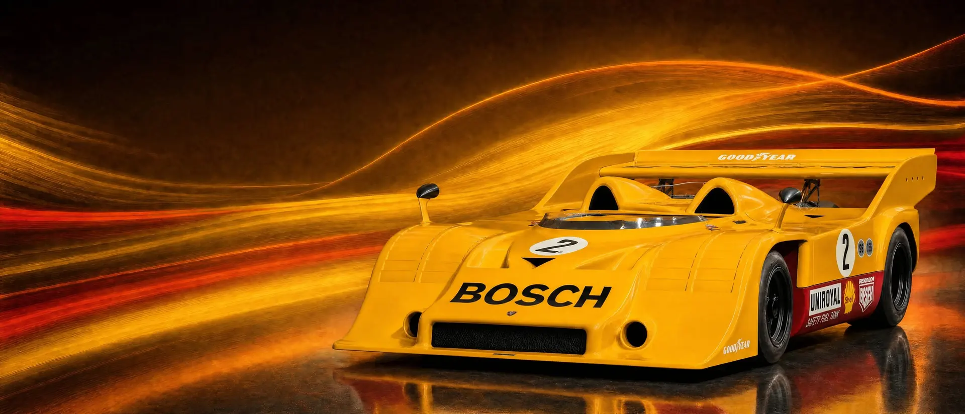Porsche 917/10 spyder in yellow Bosch livery at speed