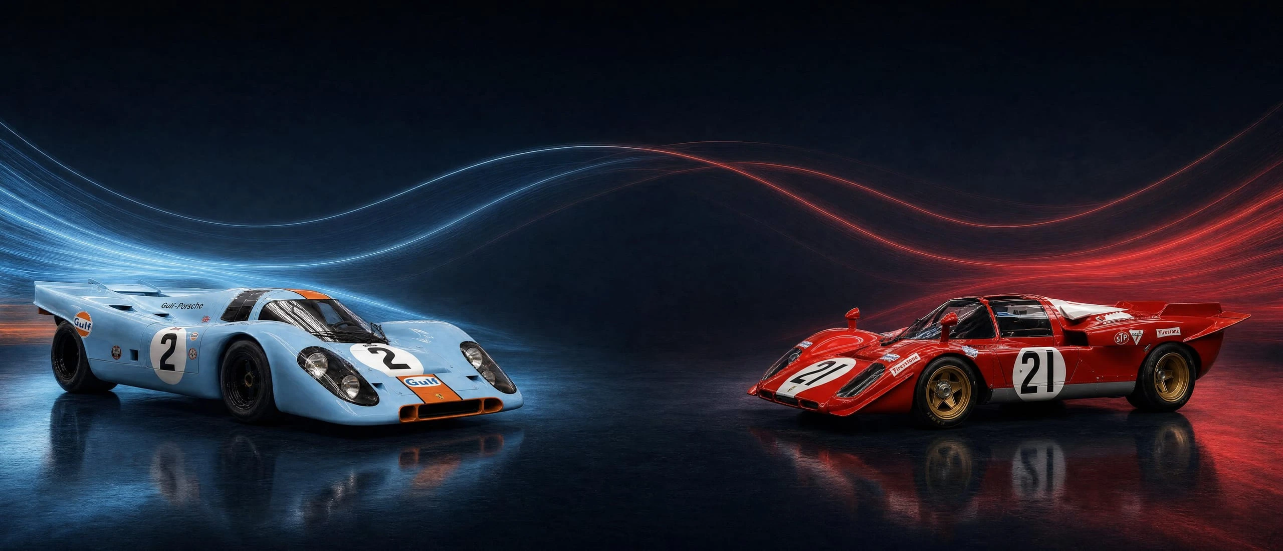 The Gulf Porsche 917 K and the Ferrari 512 S nose to nose across a dark studio field, light trails in gulf blue and ferrari red interweaving above