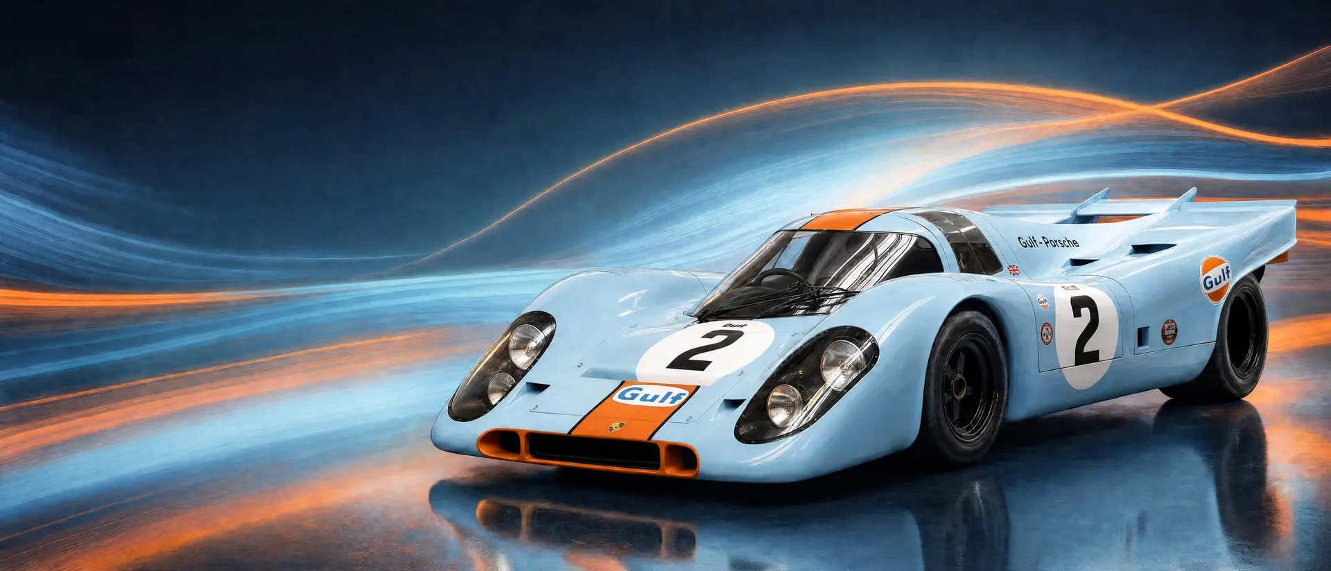 Porsche 917 K in Gulf blue and orange, head-on