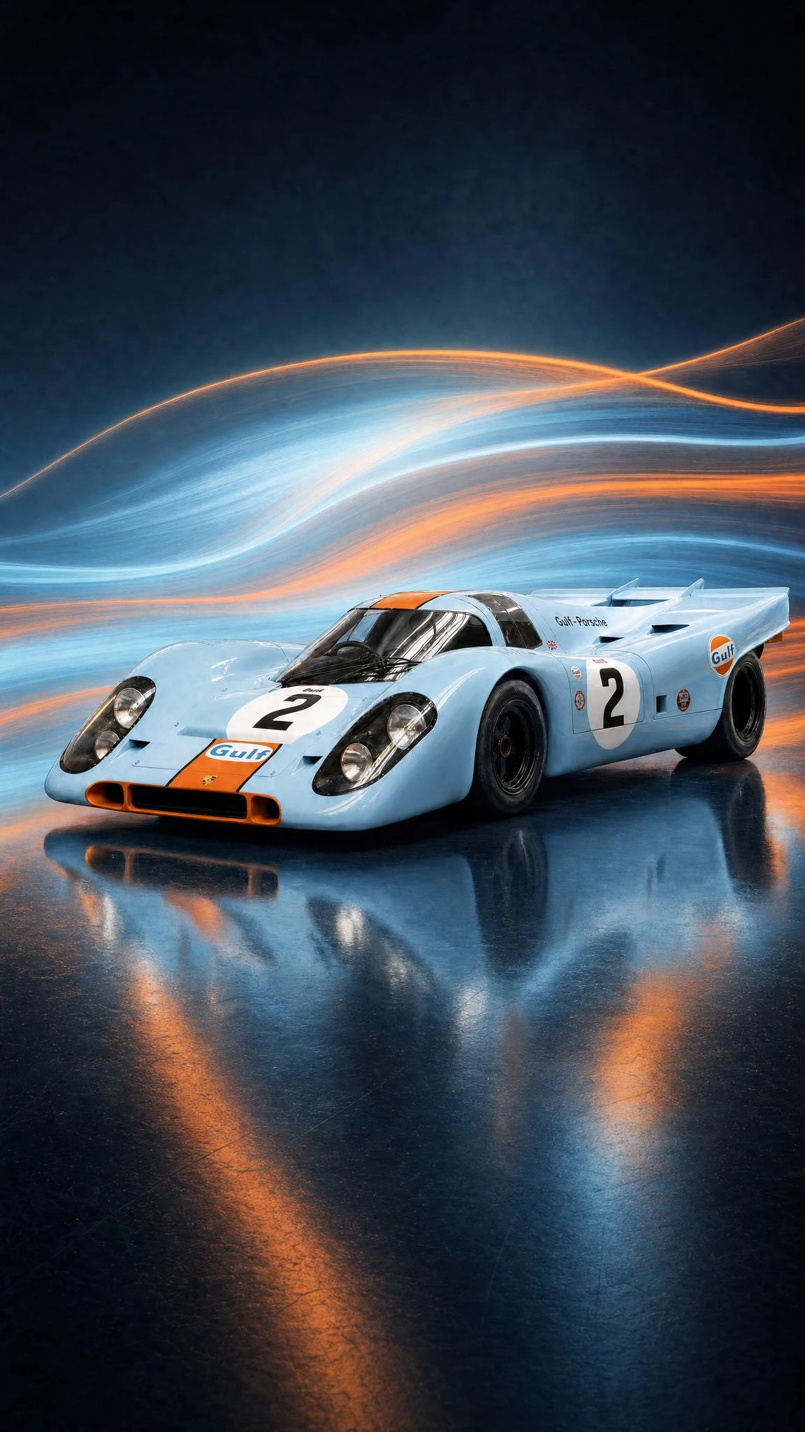 Porsche 917 K in Gulf blue and orange, head-on