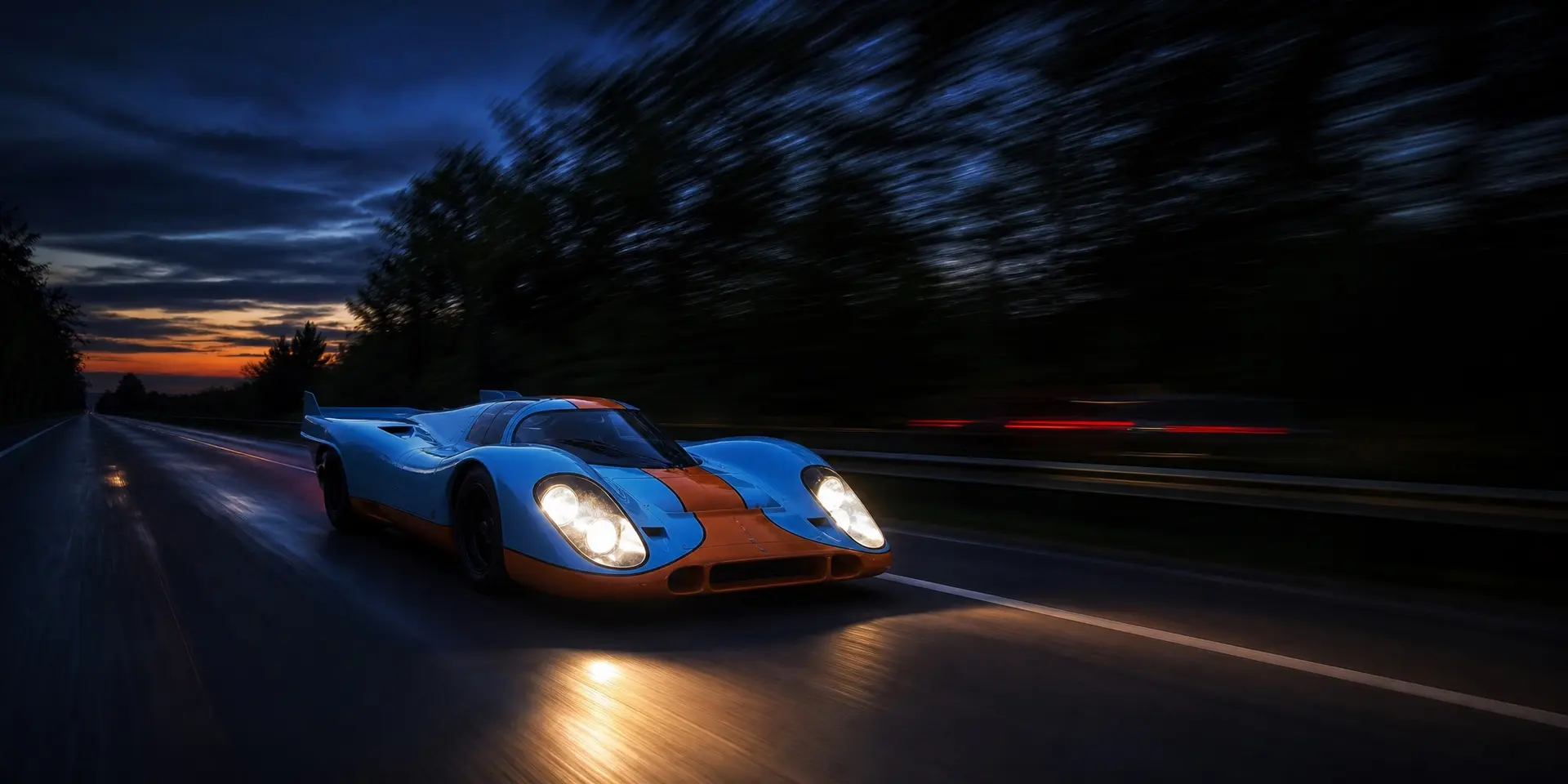 A Gulf Porsche 917 at speed on a dark tree-lined straight at dusk — render