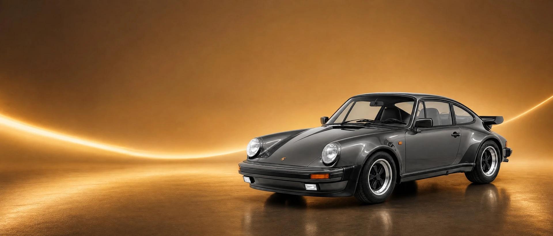 A Porsche 930 Turbo with its fixed rear spoiler, front three-quarter view on an amber field with a building light wave