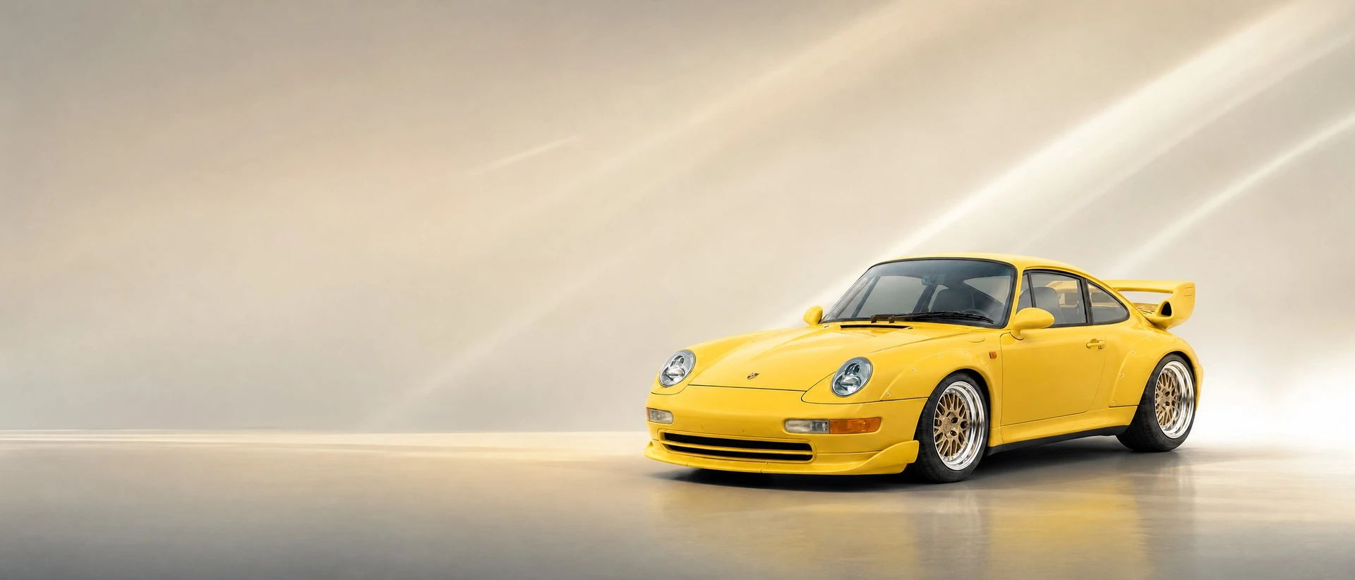A Porsche 993 GT2 with wide riveted arches, front three-quarter view on a grey field with raking light