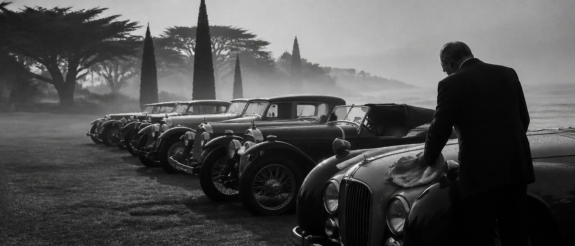 A row of pre-war cars in morning mist on a concours lawn