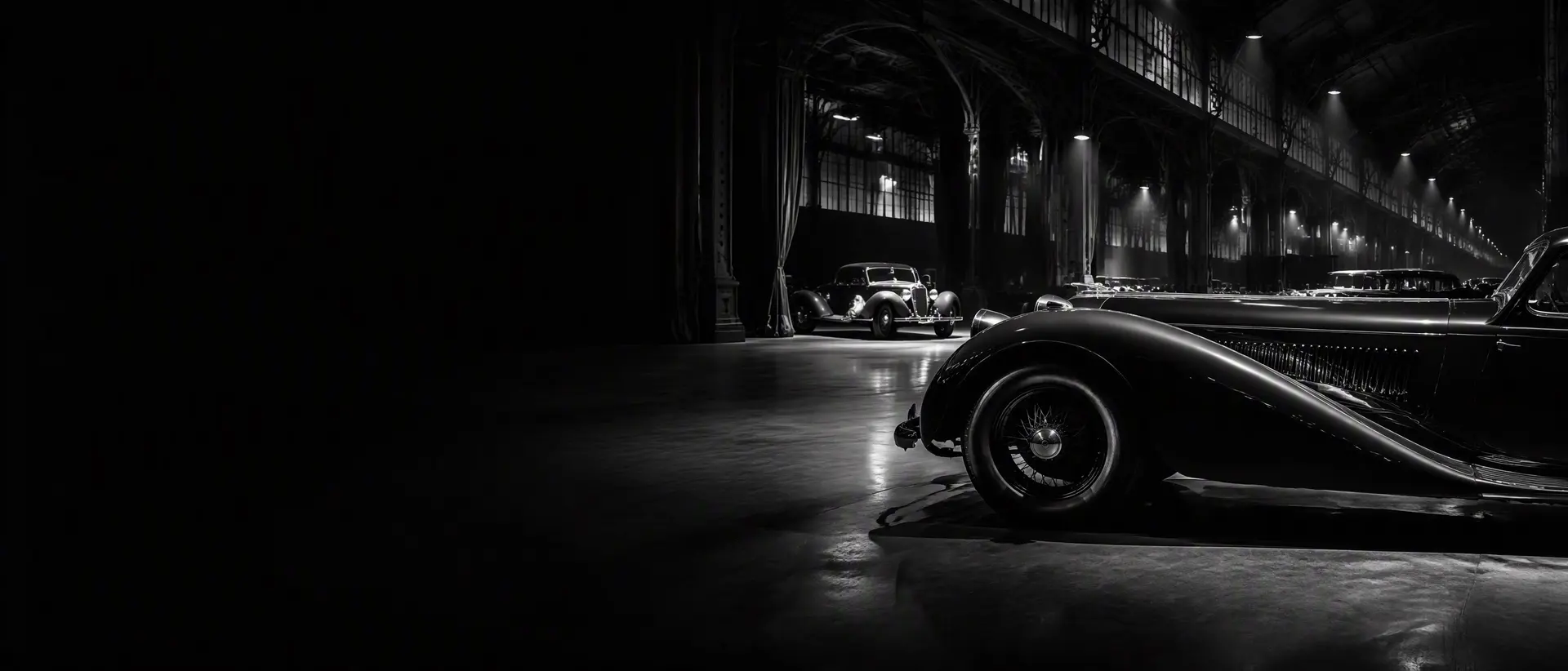 Black-and-white interior of a vast Parisian exhibition hall, pre-war grand tourers under pools of light, iron roof trusses above, a long bonnet entering the frame from the right edge