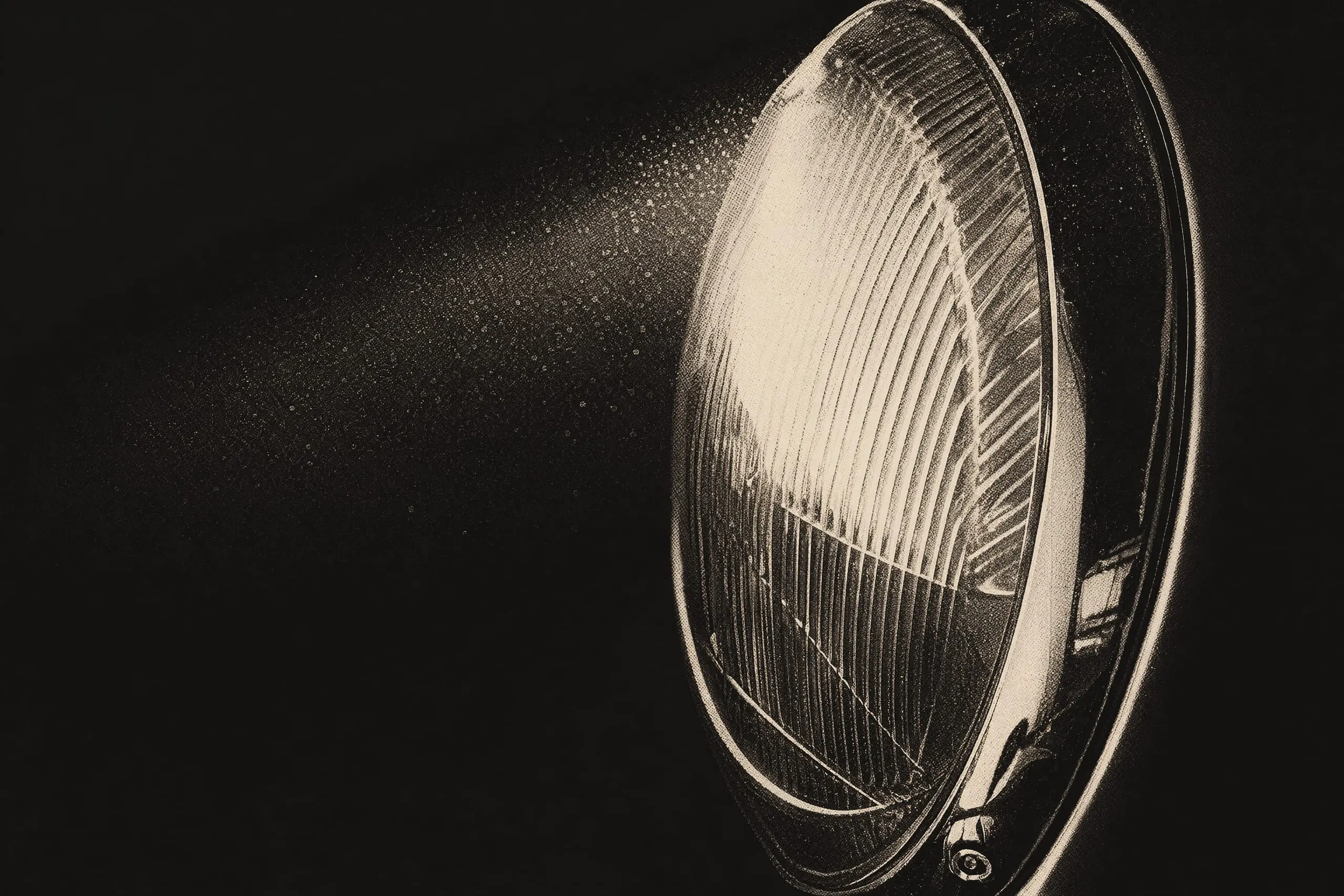 Art plate: macro of a vintage Porsche chrome headlight rim and fluted lens, dust in one shaft of light