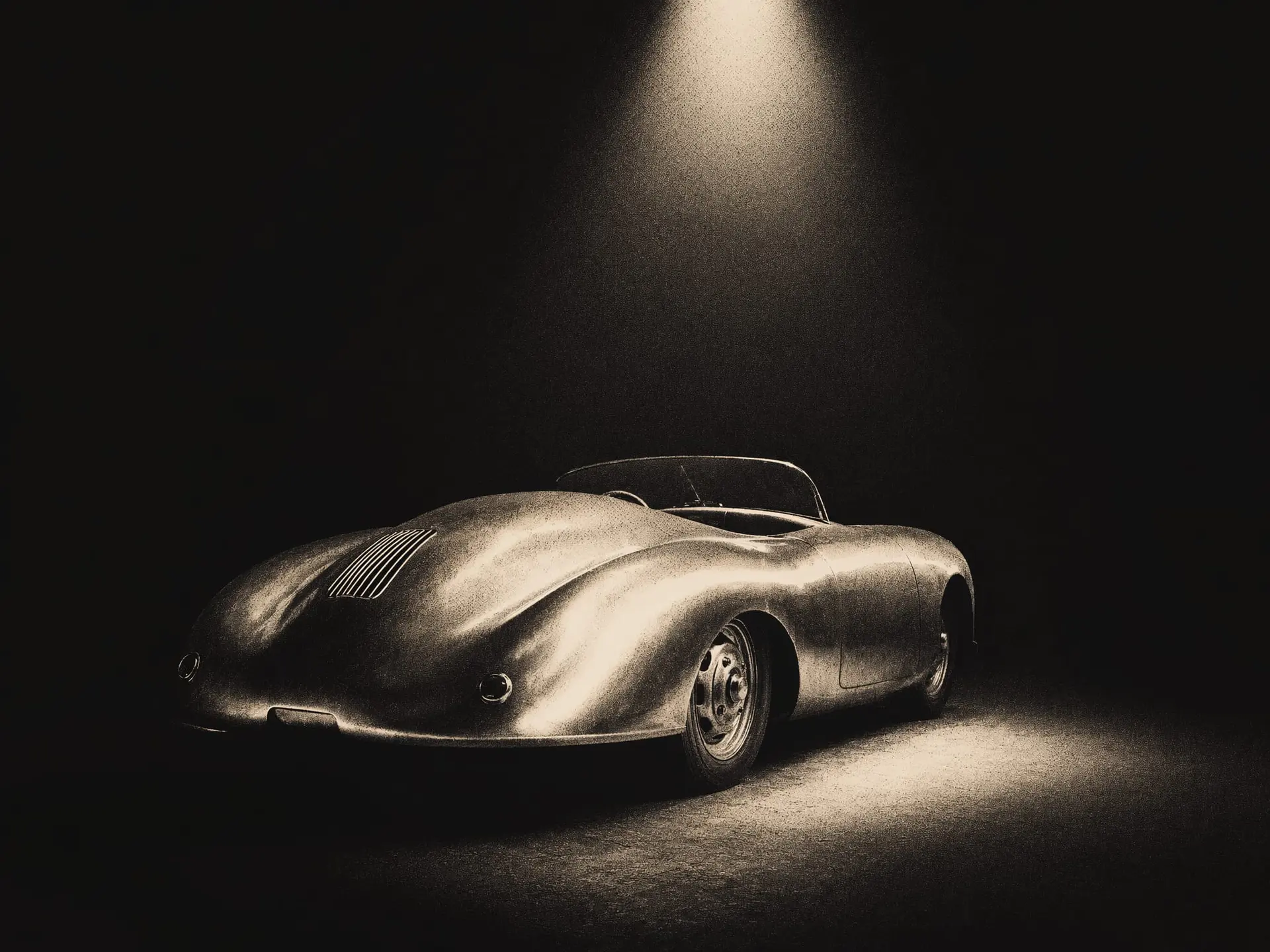 Art plate: the 356 No. 1 Roadster in bare aluminium under one cone of light