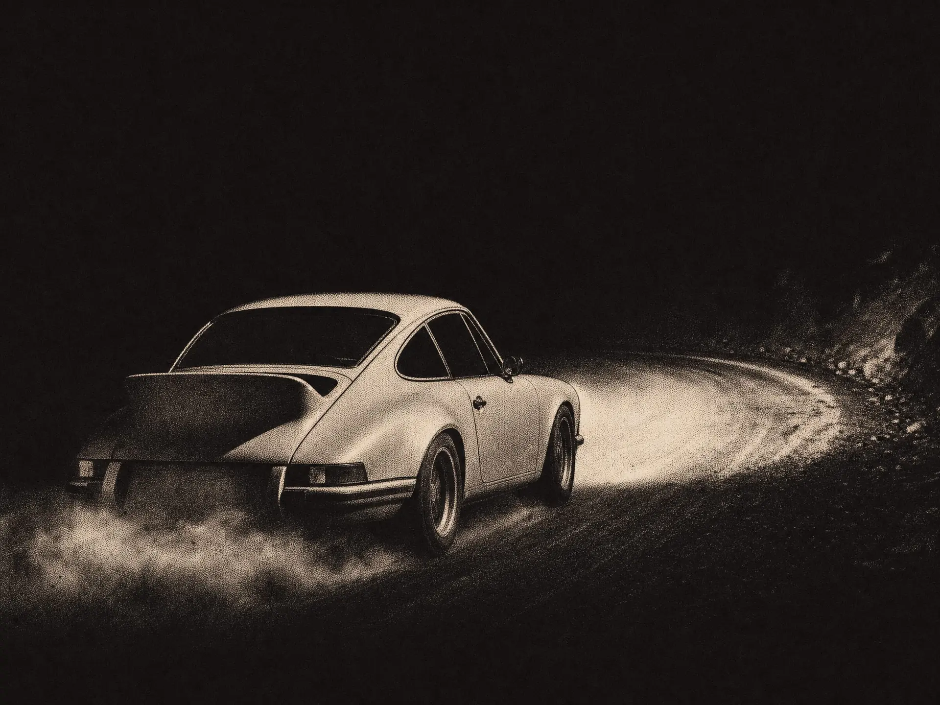 Art plate: a Carrera RS 2.7 mid-corner at night, dust in the headlight wash