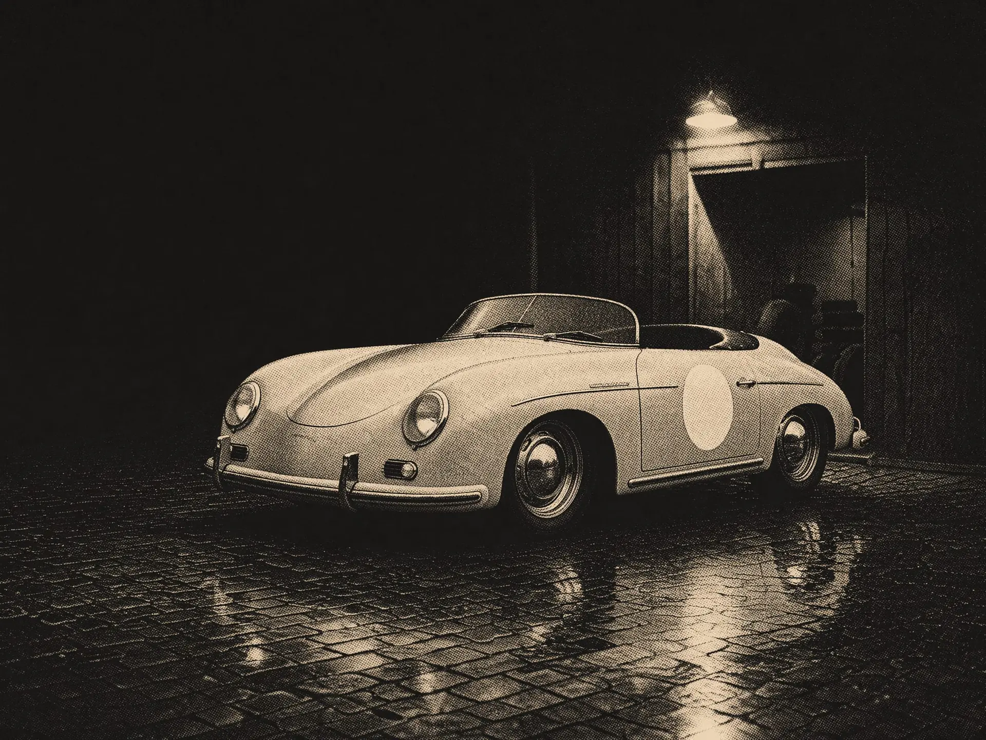 Art plate: a 356 Speedster at night on wet cobblestones, roundel blank