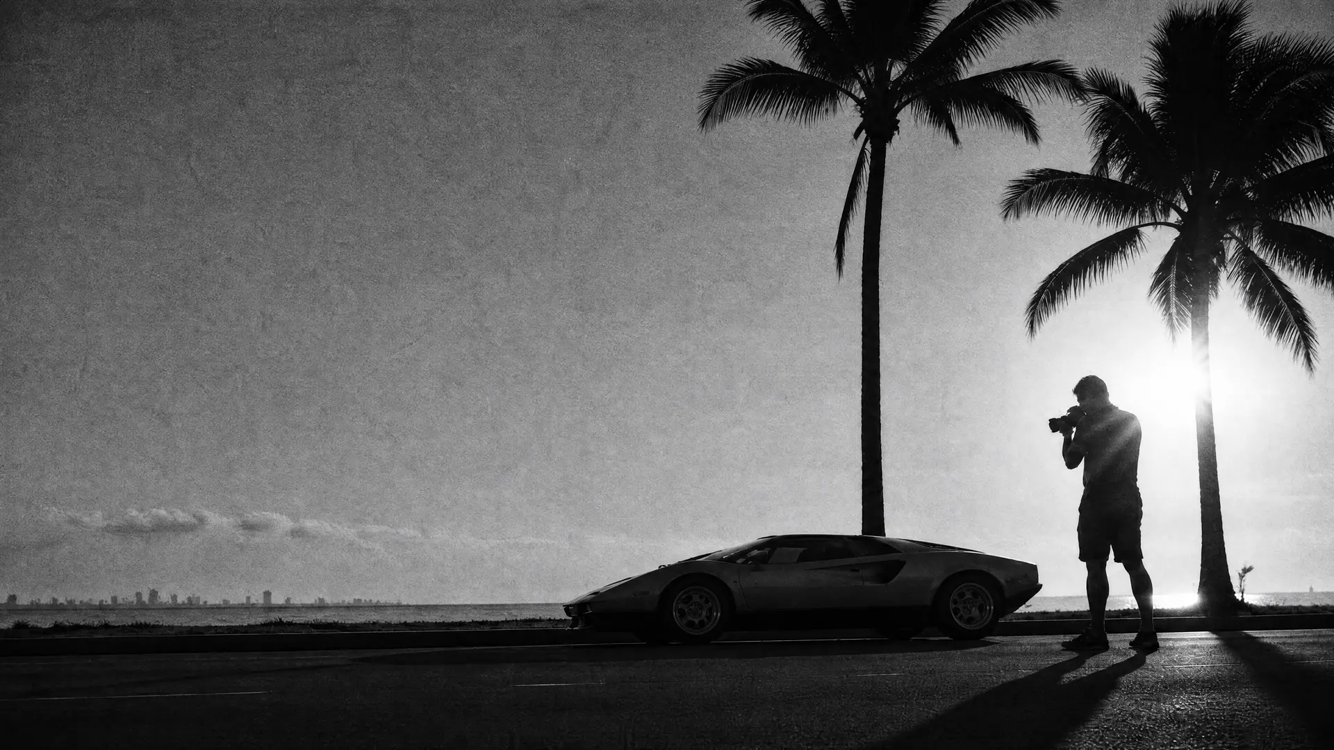 Art plate: a photographer silhouetted before a wedge supercar between two palms, low sun flaring, monochrome