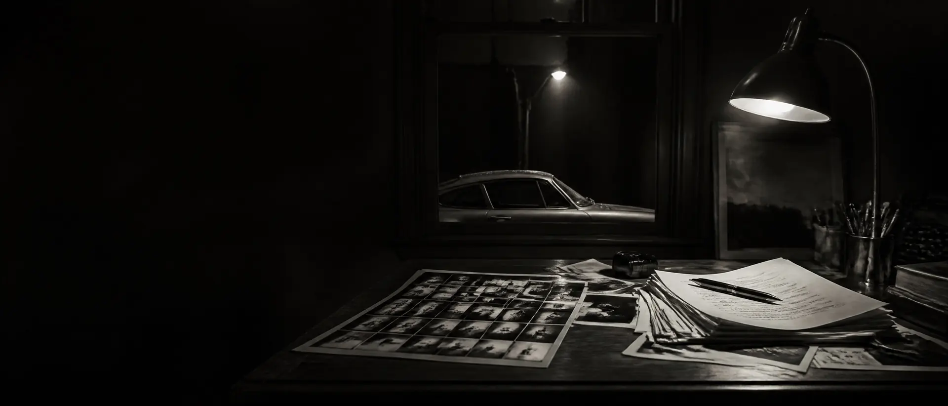 A writing desk by night, contact sheets and proofs under a lamp, a car's silhouette through the window
