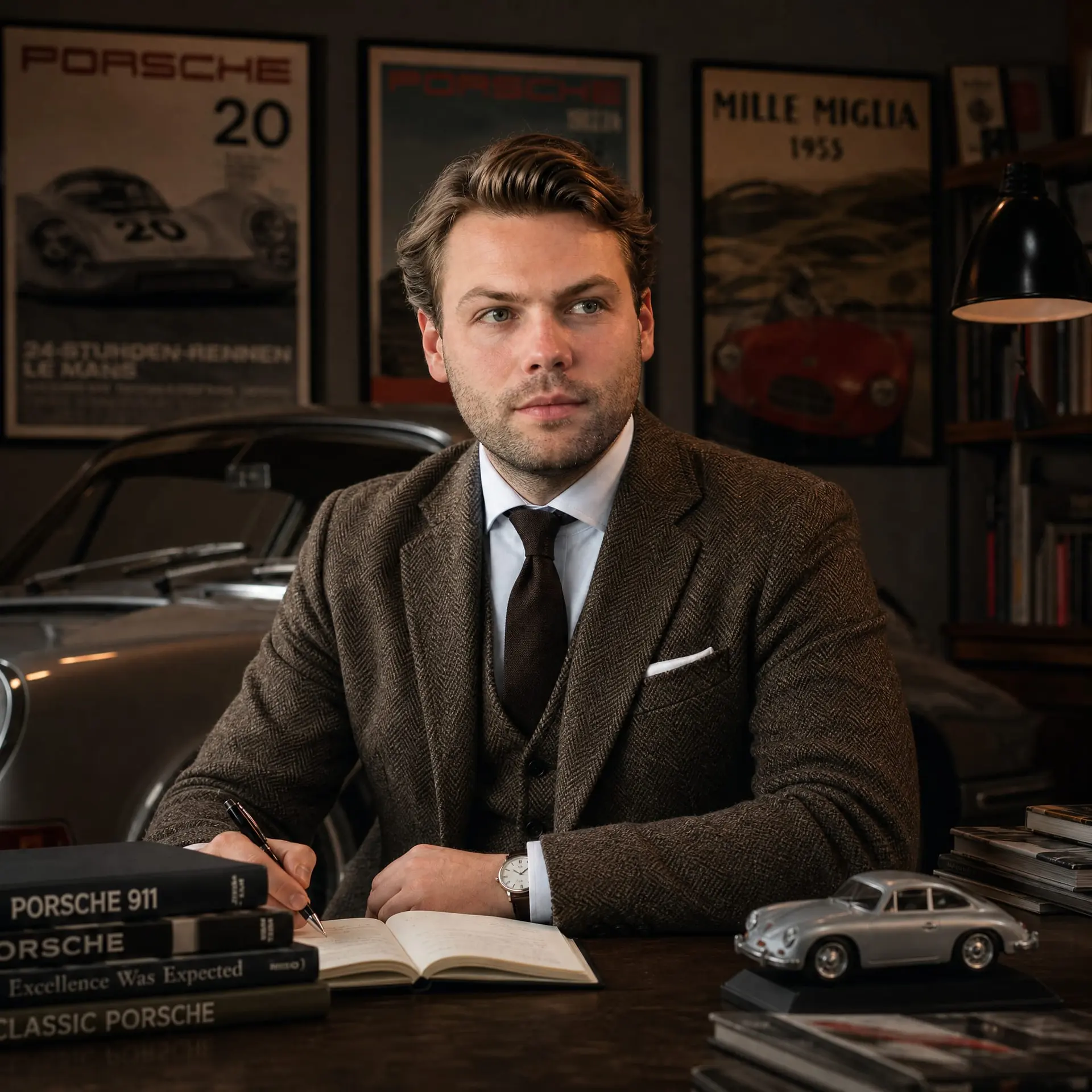 Victor Max August Haehling von Lanzenauer at his desk, notebook open, a silver Porsche 356 and Le Mans posters behind him