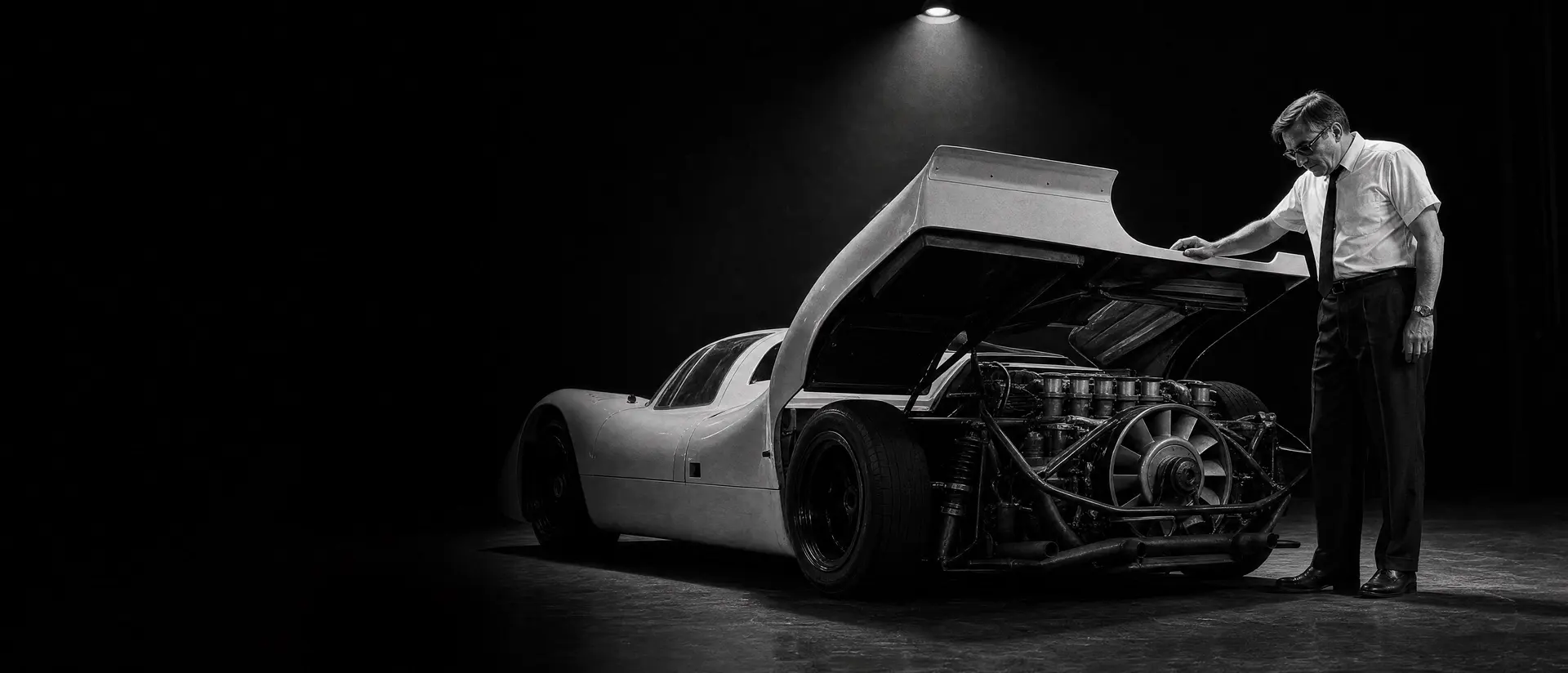 Hans Mezger in shirt and tie at the open engine bay of a Porsche 917 under a single spotlight