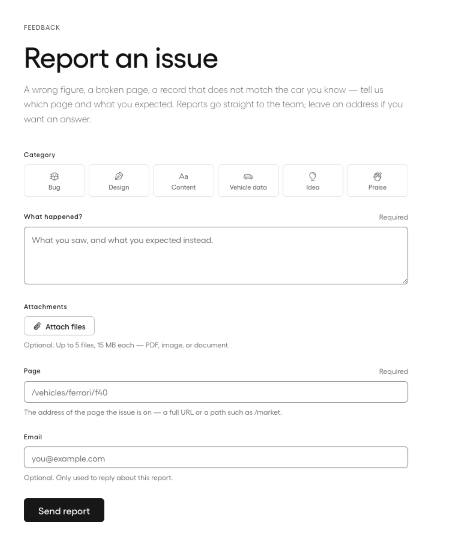 Longer reports, with attachments: screenshot of the feature